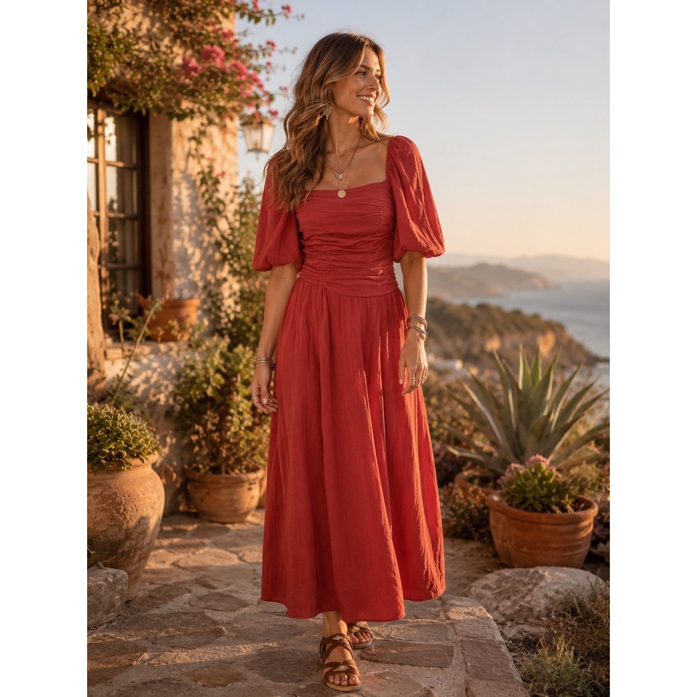 Bohme Puff Sleeve Boho Peasant Maxi Dress Size S Rust Cottagecore Basque Waist - Picture 1 of 11